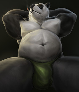 anthro balls_outline biceps big_bulge black_body black_fur bulge cigarette cigarette_in_mouth clothed clothing detailed_bulge eyes_closed fur genital_outline hands_behind_head leaning leaning_backward male musclegut muscular muscular_anthro muscular_male navel object_in_mouth overweight overweight_anthro overweight_male pecs penis_outline sitting smoking solo thick_thighs underwear underwear_only white_body white_fur hungrypaws bear giant_panda mammal