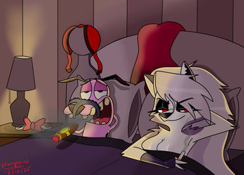 after_sex after_sex_smoking anthro anthro_on_feral bestiality big_breasts bow_tie bra_removed breasts cigar cigarette dress_removed duo female female_anthro feral lamp larger_anthro larger_female looking_at_another male male/female male_feral nude nude_anthro nude_female panties_on_face pillow red_sclera satisfied size_difference smaller_feral smaller_male smile smoking striped_wall under_covers white_eyes starpaintart cartoon_network courage_the_cowardly_dog hellaverse helluva_boss mythology courage_the_cowardly_dog_(character) loona_(helluva_boss) canid canid_demon canine canis demon domestic_dog hellhound mammal mythological_canine mythological_creature 2024 absurd_res hi_res