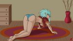 ass_up big_breasts breasts butt carpet clothing female inside looking_at_viewer panties pose shirt solo t-shirt topwear under_boob underwear harkrun tenchi_muyo ryoko_hakubi humanoid 16:9 4k absurd_res hi_res widescreen