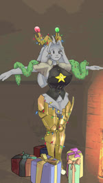 anthro antlers armor armored_boots big_breasts black_clothing black_eyes black_topwear box breasts christmas_decorations christmas_lights clothing container eyelashes featureless_crotch female floppy_ears fur gift gift_box greaves grey_body grey_fur holidays horn lop_ears smile solo t-pose thick_thighs topwear wide_hips yellow_antlers hatihati christmas pseudoregalia sybil_(pseudoregalia) bovid caprine goat hybrid jackalope lagomorph leporid mammal rabbit animated no_sound webm