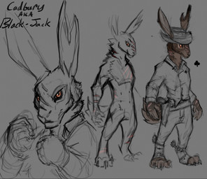 anthro bottomwear brown_body brown_fur clothed clothing featureless_crotch fur glistening glistening_eyes hat headgear headwear male narrowed_eyes notched_ear nude orange_eyes pants simple_background solo standing topwear unsigned weapon acidic lagomorph leporid mammal rabbit model_sheet partially_colored