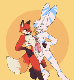 balls black_body black_fur blue_highlights blue_markings bodily_fluids cheek_tuft chest_tuft cum cumshot ejaculation erection eyewear eyewear_only facial_tuft frottage fur genital_fluids genitals glasses glasses_only grin hair half-closed_eyes highlights_(coloring) humanoid_genitalia humanoid_penis looking_pleasured male male/male markings narrowed_eyes nude orange_body orange_fur orgasm penile penis penises_touching sex simple_background smile tuft wearing_glasses white_body white_fur white_hair xing1 canid canine fox lagomorph leporid mammal rabbit hi_res