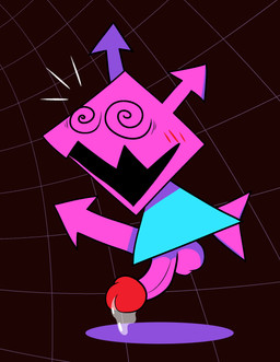 arrow_(anatomy) balls blue_body blue_skin blush bodily_fluids erection fin genital_fluids genitals geometric_background grid_background male multicolored_body pattern_background penis pink_body pink_skin precum sharp_teeth simple_background solo spiral spiral_eyes teeth two_tone_body darkajugin deltarune undertale_(series) darkner virovirokun 2021 digital_media_(artwork) hi_res