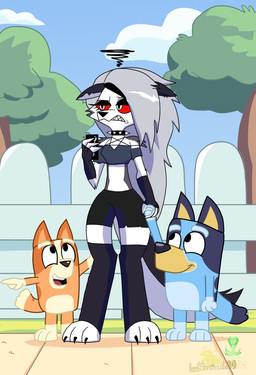 annoyed anthro babysitter bared_fangs bared_teeth cellphone ears_down electronics female fence group hand_holding happy outside phone pivoted_ears smartphone teeth trio thegiftedfire bluey_(series) hellaverse helluva_boss mythology bingo_heeler bluey_heeler loona_(helluva_boss) australian_cattle_dog canid canid_demon canine canis cattledog demon domestic_dog hellhound herding_dog mammal mythological_canine mythological_creature pastoral_dog wolf crossover hi_res