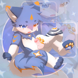 ambiguous_gender anthro blue_body blue_eyes blue_fur blush bodily_fluids claws duo erection feet fluffy fluffy_tail foot_fetish foot_on_penis foot_play footjob fur genital_fluids genitals heterochromia humanoid_genitalia humanoid_penis male male/ambiguous markings masturbation multicolored_eyes open_mouth orange_eyes orange_markings orange_pawpads pawpads paws penile penis pink_penis precum raised_leg sex shota simple_background sitting spread_legs spreading star star_pattern tail toe_claws toes white_body white_fur young mch_txjk mapleotu starrin canid canine canis mammal wolf 1:1 hi_res