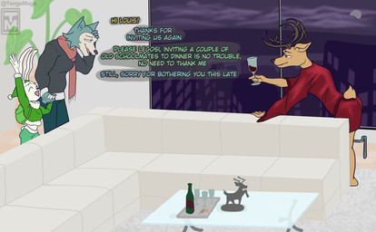 alcohol amputee anthro beverage clothing container cup dialogue disability drinking_glass female furniture glass glass_container glass_cup glass_table group hand_holding happy male prosthetic prosthetic_leg prosthetic_limb robe scarf skyline smug sofa text trio wine wine_glass tenge_mage beastars haru_(beastars) legoshi_(beastars) louis_(beastars) canid canine canis deer lagomorph leporid mammal rabbit wolf absurd_res comic english_text hi_res
