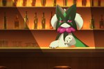 3_fingers :3 alcohol ambiguous_gender anthro bar bar_stool bartender beverage biped bottle claws container cup detailed_background drinking_glass finger_claws fingers frill_(anatomy) front_view fur furniture glass glass_container glass_cup glistening glistening_eyes green_body green_ears green_fur inside kemono looking_at_viewer neck_frill nude pink_eyes pink_nose pupils slit_pupils smile solo standing stool wine_glass hirochanu nintendo pokemon felid feline generation_9_pokemon mammal meowscarada pokemon_(species) 2023 3:2 colored digital_media_(artwork) half-length_portrait hi_res portrait shaded