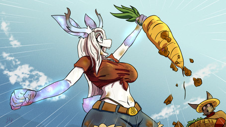 anthles antlers bodily_fluids bottomwear carrot clothing dirt female food hair happy horn long_hair mud plant shorts sweat vegetable destruteka jackalope lagomorph leporid mammal rabbit 16:9 hi_res widescreen