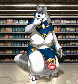 after_vore anthro balls basket belly bodily_fluids cock_vore container fluffy fluffy_tail fur genital_fluids genitals grocery_store humanoid_genitalia humanoid_penis male navel overweight paws penile penis precum public solo tail thinking vore owligatorstudios canid canine mammal 2022 absurd_res hi_res