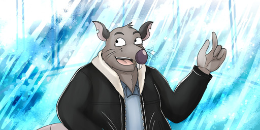 4_fingers anthro biped blue_clothing blue_shirt blue_topwear clothing fingers fur grey_body grey_fur humanoid_hands male open_mouth shirt slightly_chubby solo standing topwear berryrpgmakerb brok_the_investigator cowcat_games guard_(brok_the_investigator) mammal murid murine rat rodent 2026 absurd_res hi_res