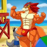 abs anthro beach bulge clothed clothing detailed_background duo eyewear eyewear_on_head flexing goggles goggles_on_head hair horn male male/male muscular outside pecs sand seaside showoff size_difference speedo standing swimwear tail topless water dong2fm bushiroad future_card_buddyfight mythology sirus sun_dragon_bal canid canine dragon fox mammal mythological_creature mythological_scalie scalie 1:1 hi_res