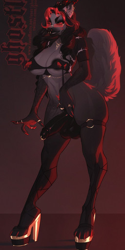 anthro areola_outline arm_tattoo balls big_balls big_breasts big_penis bikini bikini_top black_hair breasts claws clothing colored_nails crop_top ear_piercing eyewear facial_piercing floral_tattoo footwear fur genital_piercing genitals gesture glasses glistening glistening_genitalia glistening_penis grey_body grey_fur gynomorph hair high_heels horn humanoid_genitalia humanoid_penis intersex jewelry leg_strap leg_tattoo long_hair looking_at_viewer markings nails navel necklace nose_piercing penis penis_piercing piercing red_eyes red_hair red_nails ring seductive shirt shoes smile solo swimwear tail tattoo teeth toe_claws topwear two-piece_swimsuit wearing_glasses ghostli jackie_(jake_aries) canid canine demon mammal 2022 hi_res