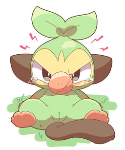 angry blush bodily_fluids cheek_bulge chibi feet female feral genitals green_body looking_at_viewer sitting solo tears vulva nettsuu nintendo pokemon generation_8_pokemon grookey pokemon_(species) 5:6 hi_res