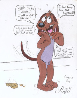 accident animal_genitalia anthro awkward_moment bodily_fluids dialogue feces feces_on_ground genitals limp_wrist male master/pet nervous nervous_smile nude panicking penis poop_on_floor sheath simple_background solo sweat sweatdrop tail tail_motion tailwag talking_to_viewer toes_pointed_inward toony white_background rufe_squirrel looney_tunes warner_brothers charlie_dog canid canine canis domestic_dog mammal hi_res traditional_media_(artwork)