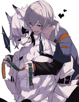 anthro clenched_teeth collar dominant dominant_human duo fur grey_hair hair harness heart_symbol leather leather_harness male male/male pecs smile teeth white_body white_fur olugho mihoyo zenless_zone_zero von_lycaon wise_(zenless_zone_zero) canid canine canis human mammal wolf absurd_res hi_res