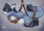 animal_suit anthro arms_tied balls_outline bound bulge detailed_bulge genital_outline hair hands_behind_back legs_tied lock_symbol male rope side_view solo suspension tail tail_tied merunmohu mammal 2025 absurd_res hi_res