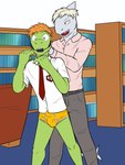 anthro ball_gag ballgagged belt book bookshelf bottomwear briefs bulge clothed clothing desk duo forced furniture gag gagged male male/male necktie pants shirt size_difference table topwear underwear yellow_briefs yellow_clothing yellow_underwear fuze blaise_(fuze) amphibian fish frog marine shark 2018 hi_res