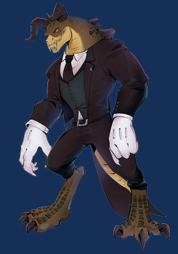 accessory anthro butler clothed clothing fangs gloves handwear horn male necktie solo suit tail teeth topwear vest xen-on-x fallout microsoft deathclaw scalie alpha_channel hi_res