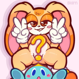 anthro barely_visible_genitalia barely_visible_vulva belly blush brown_eyes buckteeth convenient_censorship crouching duo female fur genitals gesture glistening hand_gesture long_ears multicolored_body multicolored_fur narrowed_eyes nude nude_female out_of_focus presenting rabbit_ears simple_background smile smiling_at_viewer squatting_pose tan_body tan_fur teeth thick_thighs toony tuft two_tone_body two_tone_fur v_sign vulva white_body white_fur wide_hips young young_anthro young_female arnkleblarn sega sonic_the_hedgehog_(series) cheese_the_chao cream_the_rabbit chao_(sonic) lagomorph leporid mammal rabbit 1:1 hi_res