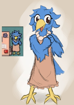 4_toes anthro avian_feet barefoot beak blue_body blue_feathers clothed clothed_anthro clothed_female clothing dress feathers feet female jewelry necklace solo talons tan_dress toes winged_arms wings yellow_beak masteroflasagna undertale_(series) berdly's_mom avian bird reference_image
