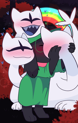 3_eyes 3_heads 3_toes anthro barefoot black_body black_fur blue_tongue blush blush_lines clothed clothed_anthro clothed_male clothing eyes_closed feet female fur heart_symbol holding_head horn kissing male male/female multi_eye multi_head sharp_teeth speech_bubble tail teeth text toes tongue white_body crushpepper deltarune undertale_(series) clover_(deltarune) ralsei boss_monster_(undertale) english_text hi_res