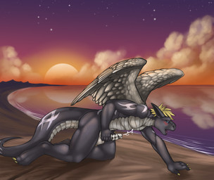 all_fours anthro balls beach biped blonde_hair blush bodily_fluids cloud cum cumshot detailed_background ejaculation erection feathered_wings feathers genital_fluids genitals grey_body hair humanoid_genitalia humanoid_penis male masturbation nude nude_beach open_mouth orgasm outdoor_nudity outside penile penile_masturbation penis saliva saliva_string sand sea seaside sky solo sunset tail tattoo water wings conditional_dnp tojo_the_thief mythology darkdragon23 dragon feathered_dragon feathered_scalie mythological_creature mythological_scalie scalie