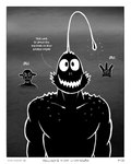 anthro black_body black_skin bleh border bumpy_skin dialogue emerging fog grimace grunting lure_(anatomy) male night smile sharkinthepark anvil_(sharkinthepark) anglerfish fish marine monster sea_monster 2025 absurd_res comic greyscale hi_res monochrome