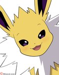 2021 ambiguous_gender artist_name black_eyes blush eeveelution feral fur generation_1_pokemon head_tilt hi_res jolteon looking_at_viewer nintendo patreon patreon_logo pokemon pokemon_(species) simple_background smile smiling_at_viewer solo tongue white_background white_body white_fur winick-lim yellow_body yellow_ears