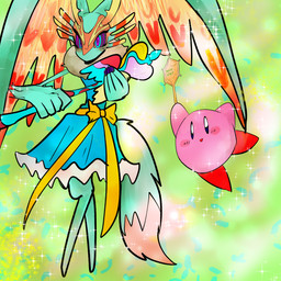 abstract_background ambiguous_gender antares_(kirby_and_the_forgotten_land) anthro antlers biped black_sclera blue_eyes blush blush_stickers bow_ribbon chest_tuft clothed clothed_anthro clothing colored_nails digitigrade dipstick_tail dress duo fingernails fluffy fluffy_tail fur green_background head_wings holding_object holding_wand horn huge_wings magical_girl_outfit markings mouthless multicolored_body multicolored_eyes multicolored_fur nails neck_tuft open_mouth open_smile orange_body orange_fur pink_body pink_eyes pupils purple_fingernails purple_nails raised_arm red_body simple_background size_difference smile sparkles tail tail_markings tan_body tan_fur teal_body teal_eyes teal_fur three-quarter_view tuft unusual_wing_placement wand wings afuta_senshirinu kirby_(series) kirby_and_the_forgotten_land nintendo fecto_elfilis kirby alien chinchilla chinchillid mammal rodent starling_(kirby) waddling_head 1:1 2022 absurd_res digital_drawing_(artwork) digital_media_(artwork) hi_res japanese_description