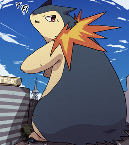 ambiguous_gender anthro biped bodily_fluids car city cloud interrobang kemono macro outside solo sweat vehicle ke_mo_suke nintendo pokemon generation_2_pokemon pokemon_(species) typhlosion 2021 hi_res
