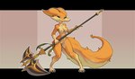 anthro areola biped breasts casual_nudity female fur genitals holding_object holding_weapon nipples nude orange_body orange_fur pussy solo standing weapon bdmon tisha_(bdmon) furred_kobold furred_scalie kobold scalie 2022 absurd_res alternate_version_at_source hi_res