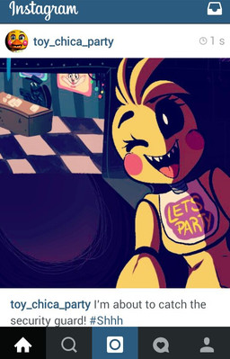 anthro beakless dark duo fake_screencap female machine male selfie sharp_teeth smile solo_focus teeth text unknown_artist five_nights_at_freddy's five_nights_at_freddy's_2 instagram scottgames jeremy_fitzgerald toy_chica_(fnaf) animatronic avian bird chicken galliform human mammal phasianid robot english_text