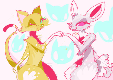 :3 anthro duo female fur grey_body grey_fur hand_on_hand one_eye_closed scarf smile white_body white_fur wink yellow_body yellow_fur naircat domestic_cat felid feline felis lagomorph leporid mammal rabbit 2017 digital_media_(artwork) microsoft_paint_(artwork) portrait sketch three-quarter_portrait