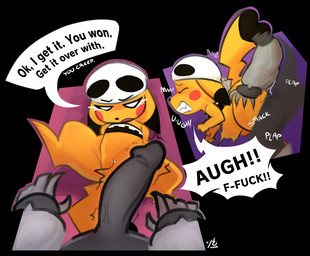 abdominal_bulge anthro clenched_teeth defeat_sex dialogue duo female feral feral_penetrated fleshlight_position genital_piercing genitals interspecies kerchief male male/female onomatopoeia pattern_background penetration penis piercing plap pokephilia presenting profanity questionable_consent sex simple_background size_difference smaller_penetrated sound_effects speech_bubble spread_legs spreading talking_feral teeth text throbbing throbbing_penis vulva vulva_piercing yellow_body tofuuu nintendo pokemon team_skull alkaline_(tofuuu) generation_1_pokemon generation_8_pokemon obstagoon pikachu pokemon_(species) 2025 comic digital_drawing_(artwork) digital_media_(artwork) english_text
