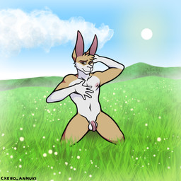 anthro balls countershading detailed_background flaccid foreskin genitals hand_on_head humanoid_genitalia humanoid_penis kneeling looking_at_viewer male navel nipples nude outside penis pose smile solo sun tan_body cxeroannuki lagomorph leporid mammal rabbit 1:1 hi_res