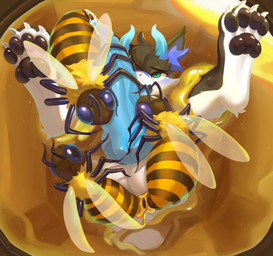2_horns 4_toes anal anal_penetration anthro balls bdsm big_penis black_body black_pawpads blue_horn blue_penis blue_tongue bodily_fluids bondage bound cum cum_drip double_penetration dripping erection eye_roll feet food genital_fluids genital_focus genitals green_eyes honey_(food) honeycomb horn insect_on_anthro insect_on_penis insect_wings kemono knot male open_mouth pawpads penetration penis penis_focus reclining solo spread_legs spreading through_honeycomb toes tongue urethral urethral_penetration wings xiaoyaozhi mythology arthropod bee dragon hymenopteran insect mythological_creature mythological_scalie scalie absurd_res hi_res
