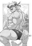 abs accessory anthro back_muscles butt clothing crouching headband horn looking_at_viewer looking_back male muscular muscular_anthro muscular_male nipples pecs shirtless solo speedo swimwear orange-lin broly_culo lifewonders tokyo_afterschool_summoners shennong_(tas) bovid bovine cattle mammal hi_res meme monochrome