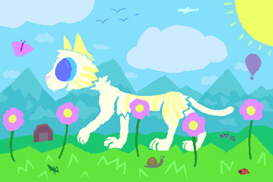 ambiguous_gender blue_eyes blue_sky building day detailed_background fangs feral fur grass happy house mountain open_mouth open_smile outside plant sky smile solo sun teeth yellow_body yellow_fur demensa ambient_arthropod ambient_bird ambient_butterfly ambient_cow ambient_grasshopper ambient_insect ambient_snail domestic_cat felid feline felis mammal 2024 3:2 hi_res lineless