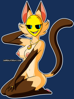 anthro blue_eyes breasts digit_ring dipstick_ears ear_markings female finger_ring fur gloves_(marking) jewelry leg_markings legs_together locket markings mask multicolored_ears necklace nipples nude open_mouth open_smile pawpads pose pupils ring simple_background slit_pupils smile socks_(marking) solo tan_body tan_fur transparent_background wedding_ring yellow_mask surrealatorium amber_baker domestic_cat felid feline felis mammal siamese_cat 2025 absurd_res alpha_channel hi_res
