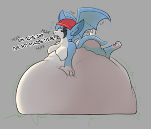 ambiguous_gender anthro anthro_pred belly big_belly blue_body blue_ears blue_tail blue_wings clothing digestion duo grey_body hat headgear headwear huge_belly hyper hyper_belly red_clothing red_hat red_headwear rumbling_stomach tail text vore white_belly wings relaxed_(artist) dust:_an_elysian_tail bat mammal nimbat 2026 english_text
