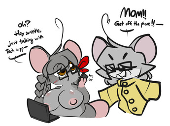 ahoge anthro big_breasts braided_hair breasts brown_eyes buckteeth cellphone clothing computer dialogue duo electronics eyewear female front_view glasses grey_hair hair hair_over_eyes holding_cellphone holding_object holding_phone holding_smartphone jacket laptop male nipples nude obscured_eyes onomatopoeia overweight overweight_anthro overweight_female phone pink_inner_ear pink_nipples simple_background smartphone sound_effects teeth text topwear white_background yellow_clothing yellow_jacket_(clothing) yellow_topwear thefablednekos jay_(thefablednekos) mousey_jay mousey_jay's_mom mammal mouse murid murine rodent 2021 digital_media_(artwork) english_text hi_res mother_(lore) mother_and_child_(lore) mother_and_son_(lore) parent_(lore) parent_and_child_(lore) parent_and_son_(lore) son_(lore)