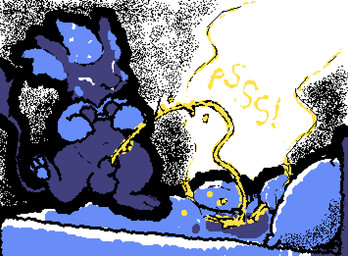 3_toes anthro balls barefoot beak beak_closed bed big_ears biped black_balls black_beak black_body black_fur black_penis black_tail black_tail_tuft blue_bedding blue_clothing blue_hat blue_headwear blue_inner_ear blue_pajamas blue_pawpads blue_topwear bodily_fluids bottomless bottomless_anthro bottomless_male cheek_spots clothed clothed_anthro clothed_male clothing eyes_closed feet front_view fur furniture genital_fluids genitals hat headgear headwear hindpaw male male_anthro male_peeing mouth_closed navel nightcap on_one_leg open_clothing open_topwear pajamas pawpads paws peeing peeing_on_furniture penis pillow psssh raised_clothing raised_leg raised_topwear semi-anthro solo sound_effects standing standing_on_bed standing_on_furniture steam tail tail_tuft toes topwear tuft urine urine_on_bed urine_stain urine_stream vowelless vowelless_sound_effect white_eyes yellow_urine young young_anthro young_male pincoosh deadlock_(game) mythology valve rem_(deadlock) avian chimera dream_creature gryphon mythological_avian mythological_creature 2026 animated digital_media_(artwork) wigglypaint_(artwork)
