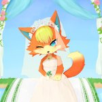 arch blonde_hair blue_eyes bouquet clothing crown dress female flower flower_bouquet fur hair headgear jewelry necklace orange_body orange_fur plant ring solo tiara veil wedding_dress aquilasunrise animal_crossing nintendo audie_(animal_crossing) canid canine canis mammal wolf 1:1 hi_res