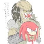 anthro clothing duo fur gloves handwear holding_character male red_body red_fur simple_background teeth text white_background yellow_sclera nashi_(intothe_bluesky) predator_(franchise) sega sonic_the_hedgehog_(series) knuckles_the_echidna alien echidna mammal monotreme yautja 1:1 crossover japanese_text translation_request