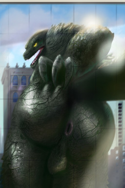 anthro anus anus_focus backsack balls butt checking_out_self city claws genitals light looking_at_viewer looking_back macro male presenting presenting_anus presenting_hindquarters public rear_view solo standing sunlight flashbulbmemory godzilla_(series) toho godzilla kaiju scalie hi_res