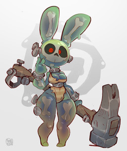 anthro bone bracelet breasts clothed clothed_anthro clothed_female clothing collar female female_anthro fingers front_view gesture hammer holding_hammer holding_object holding_tool jewelry long_ears looking_at_viewer midriff red_eyes screw screw_in_head skull solo standing thick_thighs tools torn_clothing translucent translucent_body wide_hipped_female wide_hips foresttherotten goo_creature lagomorph leporid mammal rabbit 2025 dated digital_drawing_(artwork) digital_media_(artwork) full-length_portrait portrait