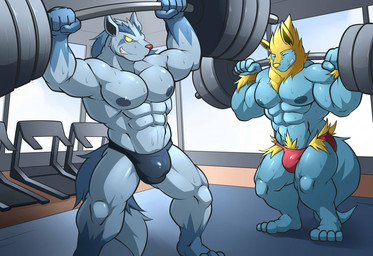 4_toes 5_fingers abs anthro anthrofied areola arm_tuft barazoku barefoot biceps big_muscles big_pecs bodily_fluids bulge clothed clothing dumbbell duo exercise eyes_closed feet fingers fur gloves_(marking) grin gym holding_object huge_muscles humanoid_hands inside leg_markings male mane manly markings mostly_nude multicolored_body multicolored_fur muscular muscular_arms muscular_male navel nipples obliques pecs plantigrade pokemorph pubes quads smile socks_(marking) speedo standing sweat swimwear teeth thick_thighs toes topless triceps tuft two_tone_body two_tone_fur weightlifting weights workout maldu nintendo pokemon canid canine generation_3_pokemon mammal manectric mightyena pokemon_(species) cel_shading digital_media_(artwork) shaded