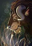 curved_horn fangs feral fur horn light mane solo teeth vibrissae yellow_eyes ponynok shamargan_(ponynok) felid hybrid lion mammal pantherine digital_media_(artwork) digital_painting_(artwork) headshot_portrait hi_res lighting portrait shaded