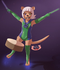 anthro armwear biped blue_eyes clothed clothing drum drumstick_(musical) elbow_gloves eyebrows female front_view fur gloves green_clothing green_eyes green_gloves green_handwear hair handwear heterochromia holding_drumstick holding_object latex latex_clothing latex_gloves latex_handwear latex_legwear latex_stockings legwear looking_at_viewer musical_instrument one-piece_swimsuit open_mouth open_smile percussion_instrument pink_hair school_swimsuit short_hair simple_background smile solo stockings swimwear tan_body tan_fur teeth tongue thepsychodog baie_(psychodog) eulipotyphlan mammal shrew 2026