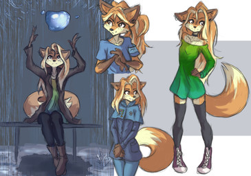 5_fingers anthro bare_shoulders black_nose boots bottomwear breasts brown_eyes cheek_tuft choker clothing countershading dipstick_tail dress ear_piercing ear_ring eyelashes facial_tuft female fingers footwear freckles fur gauged_ear gloves_(marking) green_clothing green_dress hair hand_on_hip hands_above_head inner_ear_fluff jacket jewelry legwear long_hair looking_aside looking_up magic markings multiple_poses necklace orange_body orange_fur orange_hair pants piercing ponytail pose raining raised_arms ring_piercing shirt shoes small_breasts smile socks solo standing tail tail_markings thigh_highs thigh_socks topwear tuft water yellow_body yellow_fur tinygaypirate jinny_(tinygaypirate) canid canine fox mammal red_fox true_fox bust_portrait hi_res multiple_images portrait three-quarter_portrait